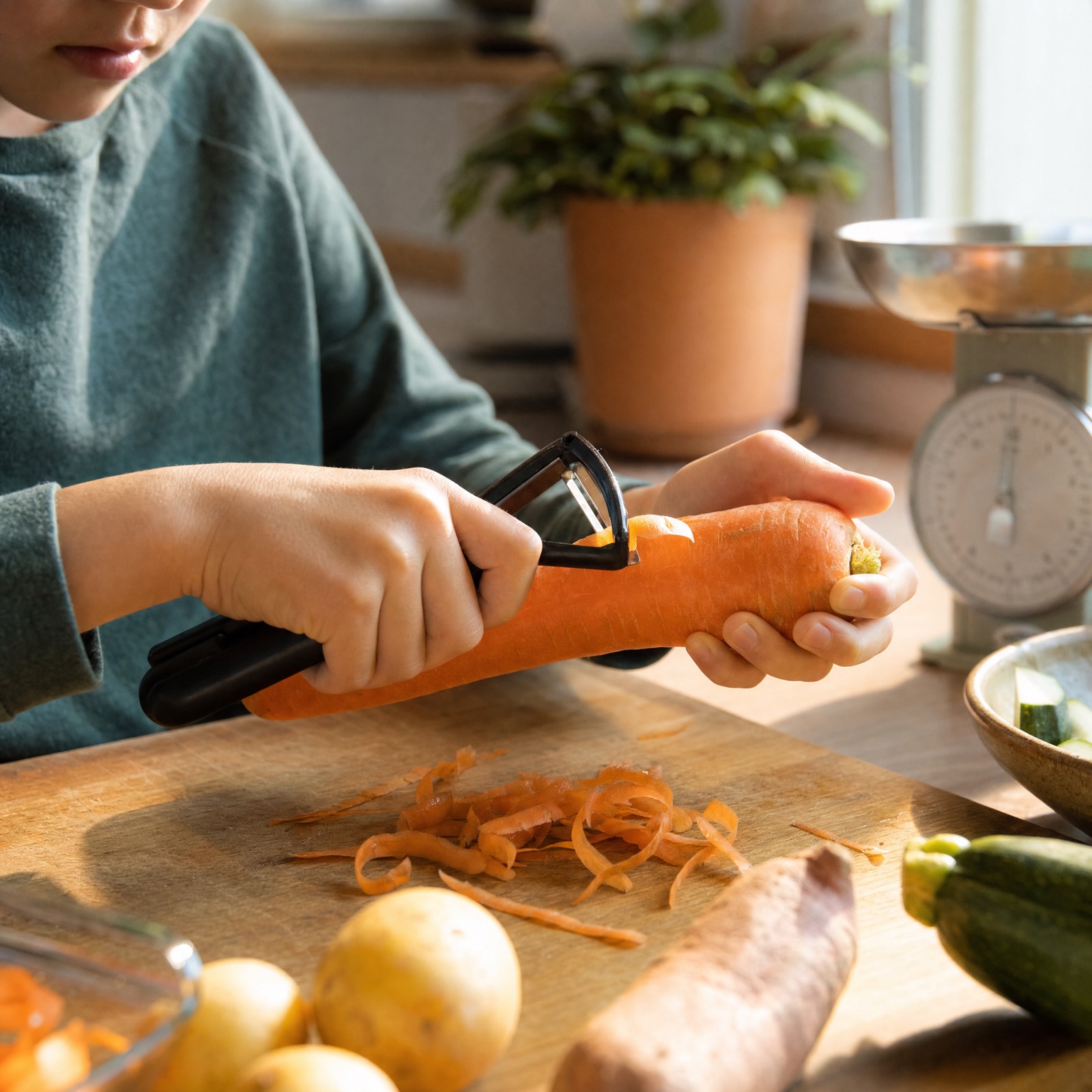 Mains d'un enfant versant de la pâte à canelé dans un moule en cuivre